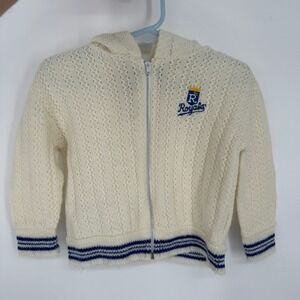 Vintage 60s 70s Kids Brandon KC Royals Cream Knit Zip Up Hoodie Jacket MLB